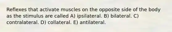 Reflexes that activate muscles on the opposite side of the body as the stimulus are called A) ipsilateral. B) bilateral. C) contralateral. D) collateral. E) antilateral.