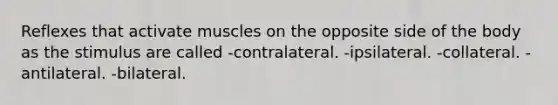 Reflexes that activate muscles on the opposite side of the body as the stimulus are called -contralateral. -ipsilateral. -collateral. -antilateral. -bilateral.