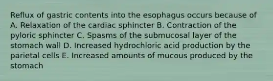 Reflux of gastric contents into the esophagus occurs because of A. Relaxation of the cardiac sphincter B. Contraction of the pyloric sphincter C. Spasms of the submucosal layer of the stomach wall D. Increased hydrochloric acid production by the parietal cells E. Increased amounts of mucous produced by the stomach