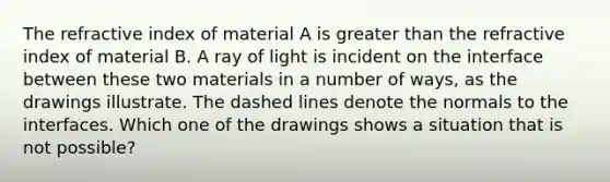 The refractive index of material A is greater than the refractive index of material B. A ray of light is incident on the interface between these two materials in a number of ways, as the drawings illustrate. The dashed lines denote the normals to the interfaces. Which one of the drawings shows a situation that is not possible?