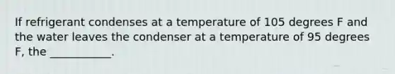 If refrigerant condenses at a temperature of 105 degrees F and the water leaves the condenser at a temperature of 95 degrees F, the ___________.