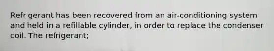 Refrigerant has been recovered from an air-conditioning system and held in a refillable cylinder, in order to replace the condenser coil. The refrigerant;