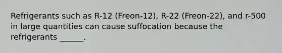 Refrigerants such as R-12 (Freon-12), R-22 (Freon-22), and r-500 in large quantities can cause suffocation because the refrigerants ______.