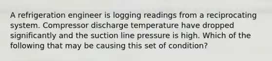 A refrigeration engineer is logging readings from a reciprocating system. Compressor discharge temperature have dropped significantly and the suction line pressure is high. Which of the following that may be causing this set of condition?