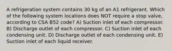 A refrigeration system contains 30 kg of an A1 refrigerant. Which of the following system locations does NOT require a stop valve, according to CSA B52 code? A) Suction inlet of each compressor. B) Discharge outlet of each compressor. C) Suction inlet of each condensing unit. D) Discharge outlet of each condensing unit. E) Suction inlet of each liquid receiver.