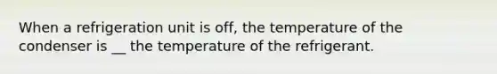 When a refrigeration unit is off, the temperature of the condenser is __ the temperature of the refrigerant.