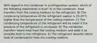 With regard to the condenser in a refrigeration system, which of the following statements is true? A) In the condenser, heat transfers from the cooling medium to the refrigerant. B) The condensing temperature of the refrigerant vapour is 15-20°C higher than the temperature of the cooling medium. C) The condensing temperature of the refrigerant will be lower if the pressure of the refrigerant is increased. D) The condenser transfers latent heat from the cooling medium and adds it as sensible heat to the refrigerant. E) The refrigerant absorbs latent heat of condensation from the cooling medium.