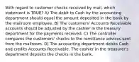 With regard to customer checks received by mail, which statement is TRUE? A) The debit to Cash by the accounting department should equal the amount deposited in the bank by the mailroom employee. B) The customers' Accounts Receivable accounts should be adjusted by the cashier in the treasury department for the payments received. C) The controller compares the customers' checks to the remittance advices sent from the mailroom. D) The accounting department debits Cash and credits Accounts Receivable. The cashier in the treasurer's department deposits the checks in the bank.