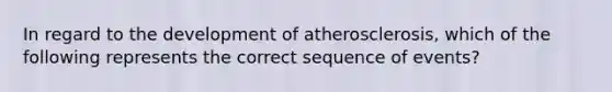 In regard to the development of atherosclerosis, which of the following represents the correct sequence of events?