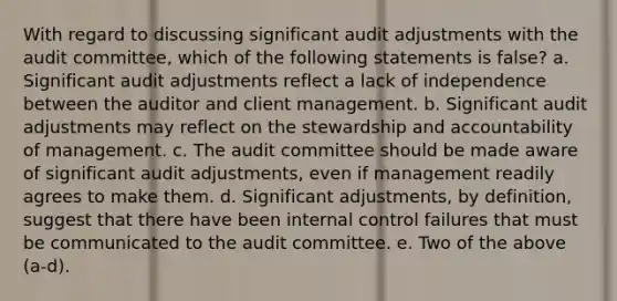 With regard to discussing significant audit adjustments with the audit committee, which of the following statements is false? a. Significant audit adjustments reflect a lack of independence between the auditor and client management. b. Significant audit adjustments may reflect on the stewardship and accountability of management. c. The audit committee should be made aware of significant audit adjustments, even if management readily agrees to make them. d. Significant adjustments, by definition, suggest that there have been internal control failures that must be communicated to the audit committee. e. Two of the above (a-d).