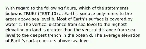 With regard to the following figure, which of the statements below is TRUE? (TEST 10) a. Earth's surface only refers to the areas above sea level b. Most of Earth's surface is covered by water c. The vertical distance from sea level to the highest elevation on land is greater than the vertical distance from sea level to the deepest trench in the ocean d. The average elevation of Earth's surface occurs above sea level