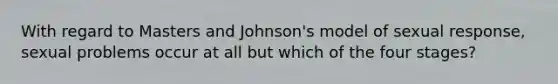 With regard to Masters and Johnson's model of sexual response, sexual problems occur at all but which of the four stages?