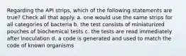 Regarding the API strips, which of the following statements are true? Check all that apply. a. one would use the same strips for all categories of bacteria b. the test consists of miniaturized pouches of biochemical tests c. the tests are read immediately after inoculation d. a code is generated and used to match the code of known organisms