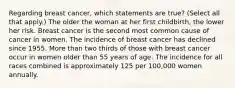 Regarding breast cancer, which statements are true? (Select all that apply.) The older the woman at her first childbirth, the lower her risk. Breast cancer is the second most common cause of cancer in women. The incidence of breast cancer has declined since 1955. More than two thirds of those with breast cancer occur in women older than 55 years of age. The incidence for all races combined is approximately 125 per 100,000 women annually.