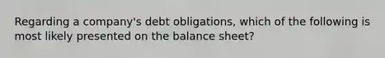 Regarding a company's debt obligations, which of the following is most likely presented on the balance sheet?