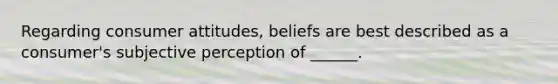 Regarding consumer attitudes, beliefs are best described as a consumer's subjective perception of ______.