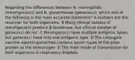 Regarding the differences between N. meningitidis (meningococci) and N. gonorrhoeae (gonococci), which one of the following is the most accurate statement? A Humans are the reservoir for both organisms. B Many clinical isolates of meningococci produce β-lactamase, but clinical isolates of gonococci do not. C Meningococci have multiple antigenic types, but gonococci have only one antigenic type. D The conjugate vaccine against gonorrhea contains seven types of the pilus protein as the immunogen. E The main mode of transmission for both organisms is respiratory droplets.