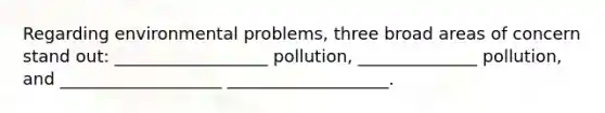 Regarding environmental problems, three broad areas of concern stand out: __________________ pollution, ______________ pollution, and ___________________ ___________________.