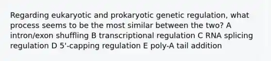 Regarding eukaryotic and prokaryotic genetic regulation, what process seems to be the most similar between the two? A intron/exon shuffling B transcriptional regulation C RNA splicing regulation D 5'-capping regulation E poly-A tail addition