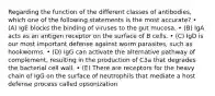 Regarding the function of the different classes of antibodies, which one of the following statements is the most accurate? • (A) IgE blocks the binding of viruses to the gut mucosa. • (B) IgA acts as an antigen receptor on the surface of B cells. • (C) IgD is our most important defense against worm parasites, such as hookworms. • (D) IgG can activate the alternative pathway of complement, resulting in the production of C3a that degrades the bacterial cell wall. • (E) There are receptors for the heavy chain of IgG on the surface of neutrophils that mediate a host defense process called opsonization.