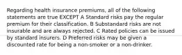 Regarding health insurance premiums, all of the following statements are true EXCEPT A Standard risks pay the regular premium for their classification. B Substandard risks are not insurable and are always rejected. C Rated policies can be issued by standard insurers. D Preferred risks may be given a discounted rate for being a non-smoker or a non-drinker.