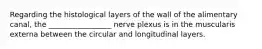 Regarding the histological layers of the wall of the alimentary canal, the _________________ nerve plexus is in the muscularis externa between the circular and longitudinal layers.