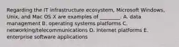 Regarding the IT infrastructure​ ecosystem, Microsoft​ Windows, Unix, and Mac OS X are examples of​ ________. A. data management B. operating systems platforms C. ​networking/telecommunications D. Internet platforms E. enterprise software applications