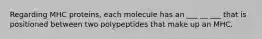 Regarding MHC proteins, each molecule has an ___ __ ___ that is positioned between two polypeptides that make up an MHC.