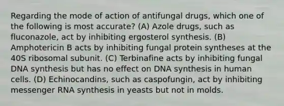 Regarding the mode of action of antifungal drugs, which one of the following is most accurate? (A) Azole drugs, such as fluconazole, act by inhibiting ergosterol synthesis. (B) Amphotericin B acts by inhibiting fungal protein syntheses at the 40S ribosomal subunit. (C) Terbinafine acts by inhibiting fungal DNA synthesis but has no effect on DNA synthesis in human cells. (D) Echinocandins, such as caspofungin, act by inhibiting messenger RNA synthesis in yeasts but not in molds.