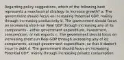 Regarding policy suggestions, which of the following best represents a neoclassical strategy to increase growth? a. The government should focus on increasing Potential GDP, mainly through increasing productivity b. The government should focus on increasing short-run Real GDP through increasing any of its components - either government expenditure, investment, consumption, or net exports c. The government should focus on increasing short-run Real GDP through increasing any of its components, except government expenditure, so that it doesn't incur in debt d. The government should focus on increasing Potential GDP, mainly through increasing private consumption