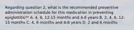 Regarding question 2, what is the recommended preventive administration schedule for this medication in preventing epiglottitis?* A. 4, 6, 12-15 months and 4-6 years B. 2, 4, 6, 12-15 months C. 4, 6 months and 4-6 years D. 2 and 6 months