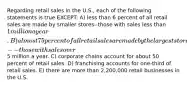 Regarding retail sales in the U.S., each of the following statements is true EXCEPT: A) less than 6 percent of all retail sales are made by smaller stores--those with sales less than 1 million a year. B) almost 75 percent of all retail sales are made by the largest stores--those with sales over5 million a year. C) corporate chains account for about 50 percent of retail sales. D) franchising accounts for one-third of retail sales. E) there are more than 2,200,000 retail businesses in the U.S.