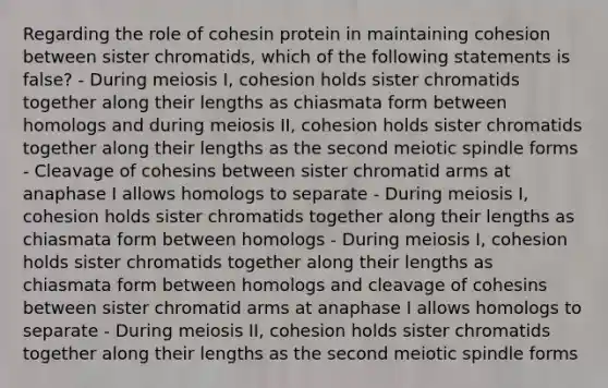 Regarding the role of cohesin protein in maintaining cohesion between sister chromatids, which of the following statements is false? - During meiosis I, cohesion holds sister chromatids together along their lengths as chiasmata form between homologs and during meiosis II, cohesion holds sister chromatids together along their lengths as the second meiotic spindle forms - Cleavage of cohesins between sister chromatid arms at anaphase I allows homologs to separate - During meiosis I, cohesion holds sister chromatids together along their lengths as chiasmata form between homologs - During meiosis I, cohesion holds sister chromatids together along their lengths as chiasmata form between homologs and cleavage of cohesins between sister chromatid arms at anaphase I allows homologs to separate - During meiosis II, cohesion holds sister chromatids together along their lengths as the second meiotic spindle forms