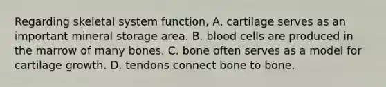 Regarding skeletal system function, A. cartilage serves as an important mineral storage area. B. blood cells are produced in the marrow of many bones. C. bone often serves as a model for cartilage growth. D. tendons connect bone to bone.