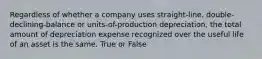 Regardless of whether a company uses straight-line, double-declining-balance or units-of-production depreciation, the total amount of depreciation expense recognized over the useful life of an asset is the same. True or False