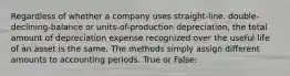 Regardless of whether a company uses straight-line, double-declining-balance or units-of-production depreciation, the total amount of depreciation expense recognized over the useful life of an asset is the same. The methods simply assign different amounts to accounting periods. True or False: