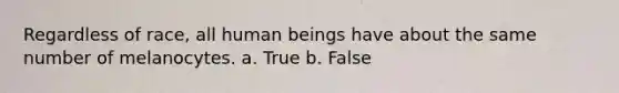 Regardless of race, all human beings have about the same number of melanocytes. a. True b. False