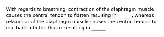 With regards to breathing, contraction of the diaphragm muscle causes the central tendon to flatten resulting in ______, whereas relaxation of the diaphragm muscle causes the central tendon to rise back into the thorax resulting in ______.