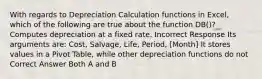 With regards to Depreciation Calculation functions in Excel, which of the following are true about the function DB()? Computes depreciation at a fixed rate. Incorrect Response Its arguments are: Cost, Salvage, Life, Period, [Month] It stores values in a Pivot Table, while other depreciation functions do not Correct Answer Both A and B