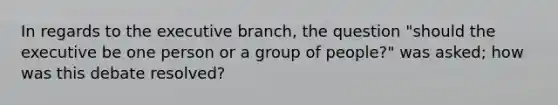 In regards to the executive branch, the question "should the executive be one person or a group of people?" was asked; how was this debate resolved?