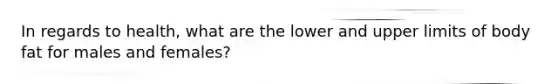 In regards to health, what are the lower and upper limits of body fat for males and females?