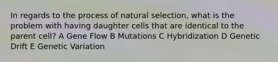 In regards to the process of natural selection, what is the problem with having daughter cells that are identical to the parent cell? A Gene Flow B Mutations C Hybridization D Genetic Drift E Genetic Variation