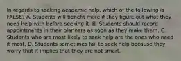 In regards to seeking academic help, which of the following is FALSE? A. Students will benefit more if they figure out what they need help with before seeking it. B. Students should record appointments in their planners as soon as they make them. C. Students who are most likely to seek help are the ones who need it most. D. Students sometimes fail to seek help because they worry that it implies that they are not smart.