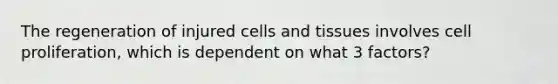 The regeneration of injured cells and tissues involves cell proliferation, which is dependent on what 3 factors?