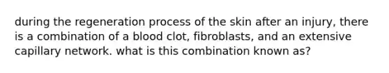 during the regeneration process of the skin after an injury, there is a combination of a blood clot, fibroblasts, and an extensive capillary network. what is this combination known as?