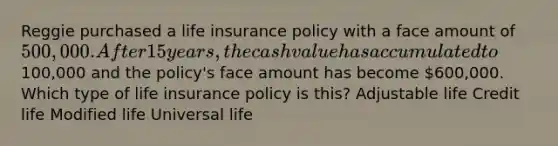 Reggie purchased a life insurance policy with a face amount of 500,000. After 15 years, the cash value has accumulated to100,000 and the policy's face amount has become 600,000. Which type of life insurance policy is this? Adjustable life Credit life Modified life Universal life