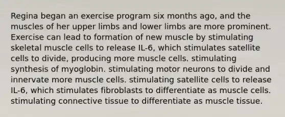 Regina began an exercise program six months ago, and the muscles of her <a href='https://www.questionai.com/knowledge/kJyXBSF4I2-upper-limb' class='anchor-knowledge'>upper limb</a>s and lower limbs are more prominent. Exercise can lead to formation of new muscle by stimulating skeletal muscle cells to release IL-6, which stimulates satellite cells to divide, producing more muscle cells. stimulating synthesis of myoglobin. stimulating motor neurons to divide and innervate more muscle cells. stimulating satellite cells to release IL-6, which stimulates fibroblasts to differentiate as muscle cells. stimulating <a href='https://www.questionai.com/knowledge/kYDr0DHyc8-connective-tissue' class='anchor-knowledge'>connective tissue</a> to differentiate as <a href='https://www.questionai.com/knowledge/kMDq0yZc0j-muscle-tissue' class='anchor-knowledge'>muscle tissue</a>.