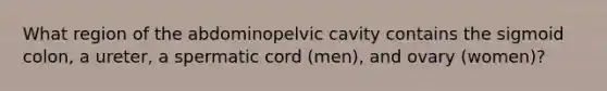 What region of the abdominopelvic cavity contains the sigmoid colon, a ureter, a spermatic cord (men), and ovary (women)?