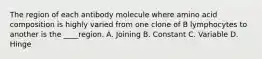 The region of each antibody molecule where amino acid composition is highly varied from one clone of B lymphocytes to another is the ____region. A. Joining B. Constant C. Variable D. Hinge