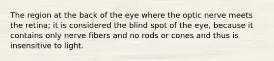 The region at the back of the eye where the optic nerve meets the retina; it is considered the blind spot of the eye, because it contains only nerve fibers and no rods or cones and thus is insensitive to light.